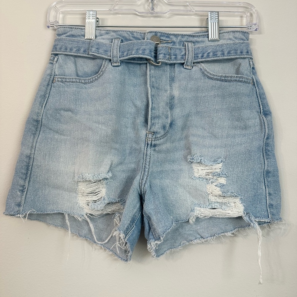 Hollister Light Blue Mom Jean Shorts with Ripped Details